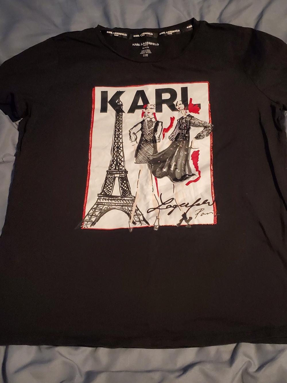 Karl Lagerfeld Black Tee with White Paris Graphic and Red Accents